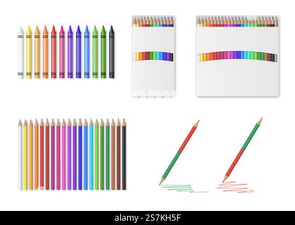 Set aus Buntstiften und Buntstiften isoliert auf weißem Hintergrund. Realistische Buntstifte in der Vorlage White Box oder Zeichnung. 3D-Vektordarstellung. Set aus Buntstiften und Buntstiften isoliert auf weißem Hintergrund. Realistische Farbstifte Stock Vektor