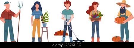 Gärtner. Landarbeiter mit Gartenwerkzeugen, saisonale Jobteams, Bauerngruppen, isolierte Vektorbotaniker. Gärtner. Landarbeiter mit Gartenwerkzeugen, saisonale Arbeitsteams Bauerngruppe, Vektorfiguren Stock Vektor