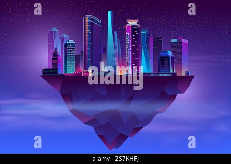 Vektor modernes Megapolis auf der hoch aufragenden Insel. Hell leuchtende Gebäude in der Nacht im Cartoon-Stil. Städtische Wolkenkratzer in Neonfarben, Stadteraußenseite, Architekturhintergrund. Stadtbild-Konzept... Vektor-Nacht Neon Megapolis auf der hoch aufragenden Insel Stock Vektor