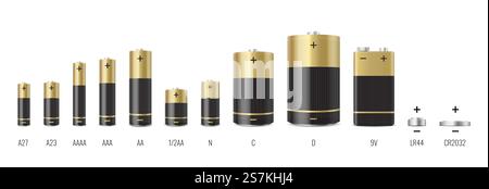 Alkali-Batterien realistisches Set. Verschiedene Batterietypen isoliert auf weißem Hintergrund. GRÖSSE - D, C, AA, AAA, AAAA, 9V. 3D-Vektordarstellung. Alkali-Batterien realistisches Set. Verschiedene Batterietypen isoliert auf weißem Hintergrund Stock Vektor