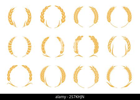 Weizen- und Roggenkränze. Harvest Spike Logo. Goldene Elemente für Bio-Lebensmittel-Logo, Brotverpackung oder Bieretikett. Symbole für isolierte Vektorsilhouetten festgelegt. Weizen- und Roggenkränze. Harvest Spike Logo. Elemente für Bio-Lebensmittel-Logo, Brotverpackung oder Bieretikett. Isolierte Vektorsymbole festgelegt Stock Vektor