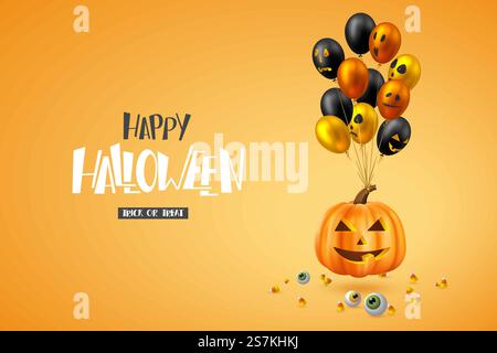 Horizontales Banner „Happy Halloween“. Glänzende Ballons mit Monstergesichtern, Kürbis, Augen und Süßigkeiten. Handgeschriebener Schriftzug, orangefarbener Hintergrund. Vektorabbildung... Horizontales Banner „Happy Halloween“. Stock Vektor