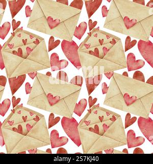 Vintage-Handwerkskuverts mit nahtlosem Herzmuster auf weiß. Aquarellillustration für Karten, Verpackung, Textil, Einladungen, Feiertage Frühling, Geburtstag, Valentinstag, Hochzeit oder Muttertag. Stockfoto