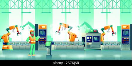 Computernumerische Steuerungstechnologien im modernen Anlagenbau, Ladelinien-Cartoon-Vektorkonzept. Techniker oder Ingenieur mit Tablet-Steuerung, Programmierung robotisierter Förderer Illustration. Fabrik robotisierte Produktionslinie Cartoon Vektor Stock Vektor