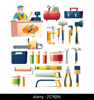 Bau-, Holzbearbeitung-, Reparaturwerkzeugsatz. Hand- und Elektrowerkzeuge speichern Sortiment, glücklicher Verkäufer oder Reparaturmann an der Kasse Schreibtisch Cartoon Vektor Illustrationen Sammlung isoliert auf weißem Hintergrund. Bauwerkzeuge speichern Sortiment Cartoon Vektor Stock Vektor
