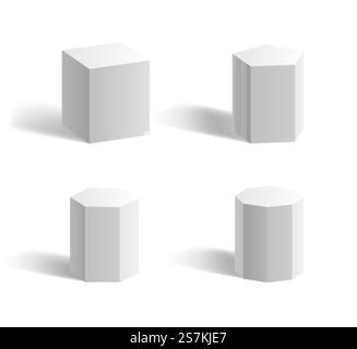 Grundlegende geometrische 3D-Formen: Cube, Quader, Sechseck, pentagon Prisma, weiße isolierte Vorlagen mit Schatten. Geometriefiguren und Formularsatz. Vektorabbildung. Grundlegende geometrische 3D-Formen: Cube, Quader, Sechseck, pentagon Prisma, weiße isolierte Vorlagen Stock Vektor