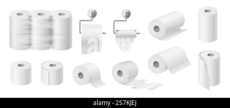 Set aus weißem Toilettenpapier und Küchenhandtüchern Röhren Mockup isoliert auf weißem Hintergrund. Papierservietten im Verpackungsdesign. Realistische 3D-Vektordarstellung. Set aus weißem Toilettenpapier und Küchenhandtüchern Röhren Mockup isoliert auf weißem Hintergrund Stock Vektor