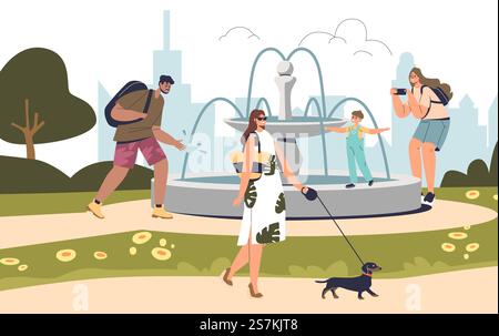 Die Leute am Springbrunnen im Sommerpark können sich im Freien erholen. Eine Gruppe von Zeichentrickfiguren mit Kindern und Hunden genießt die frische Luft im Park über der Skyline der Stadt. Illustration des flachen Vektors. Die Leute am Springbrunnen im Sommerpark können sich im Freien erholen. Gruppe von Karikaturen mit Kindern und Haustier Stock Vektor