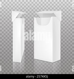 Leere offene Packung schlanker Zigaretten isoliert auf transparentem Hintergrund. Vektor-realistisches Modell der weißen Papierverpackungsbox für Tabakprodukte Ansicht von verschiedenen Seiten. Leere offene Packung schlanker Zigaretten Stock Vektor