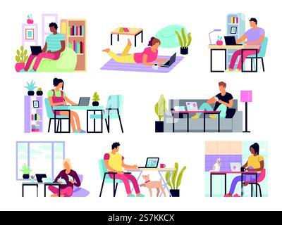 Freiberufler. Selbstständig erwerbstätige, covid-19-Selbstisolationsmänner und -Frauen, die auf Laptops und Computern zu Hause arbeiten. Fernbüro für das Quarantänevektorkonzept. Freiberufler. Selbstständig erwerbstätige, covid-19-Selbstisolationsmänner und -Frauen, die auf Laptops und Computern zu Hause arbeiten. Vektorkonzept für entfernte Büros Stock Vektor
