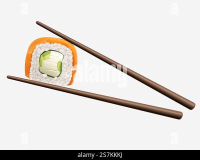 Sushi-Rolle zwischen Stäbchen isoliert auf weißem Hintergrund. Traditionelles japanisches Restaurant, Meeresfrüchte-Snack, susi, exotische Ernährung, modernes Logo-Design-Element. Realistische 3D-Vektordarstellung. Stäbchen, die Sushi-Rolle isoliert auf weiß halten Stock Vektor