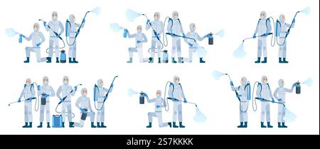 Antivirale Desinfektion. Personen, die Schutzanzüge tragen Masken verwenden ein Desinfektionsspray. Desinfektionsteam, Coronavirus Schutz Vektor Illustration Set. Prävention und Sicherheit, antivirales Team für biologische Gefahrenstoffe. Antivirale Desinfektion. Personen, die Schutzanzüge und Gesichtsmasken tragen, verwenden Desinfektionsspray. Desinfektionsteam, Coronavirus Schutz Cartoon Vektor Illustration Set Stock Vektor