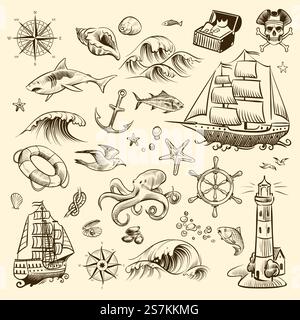 Piraten-Abenteuer-Set. Seeschifffahrt gravierte alte Fantasy-Objekte, Schiff und Schatz von Piraten mit Leuchtturmvektoren Segel Sammlung. Piraten-Abenteuer-Set. Seeschifffahrt gravierte alte Fantasy-Objekte, Schiff und Schatz von Piraten mit Leuchtturm-Vektorsammlung Stock Vektor