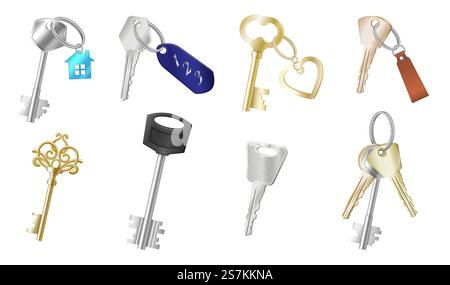 Satz realistischer Schlüssel mit verschiedenen Schlüsselanhängern auf weißem Hintergrund isoliert. Schlüsselanhänger und Schlüsselanhänger Kollektion. Moderne und Retro-Schlüssel aus Metall mit Anhängern. Vektorabbildung. Satz realistischer Schlüssel mit verschiedenen Schlüsselanhängern auf weißem Hintergrund isoliert. Schlüsselhalter und Schlüsselanhänger Stock Vektor