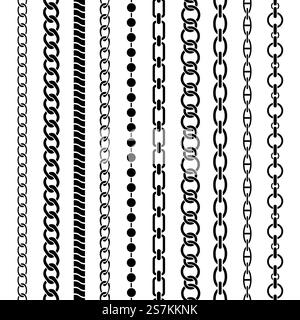 Kettenränder. Nahtlose schwarze Ketten unterschiedlicher Formen, Metallglieder. Geflochtene Seile, Schmuckelemente Luxus wiederholende Muster Vektor Zubehör Set. Kettenränder. Nahtlose schwarze Ketten unterschiedlicher Formen, Metallglieder. Geflochtene Seile, Schmuckelemente Luxus wiederholende Muster Vektor Set Stock Vektor