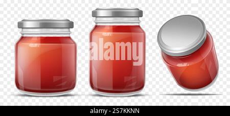 Tomatensauce in Glasgläsern mit Schraubdeckel aus Metall, Seite, perspektivische Ansicht. Gemüsekonservierung. Ketchup-, Taco- oder Tomatensaftkonservierung isoliert, 3D realistische Vektor-Illustration Set. Tomatensauce im Glasgefäß realistischer Vektor Stock Vektor