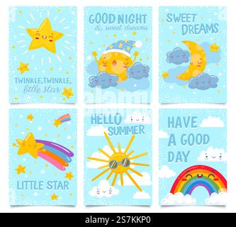 Himmelsposter. Funkelnder kleiner Stern, Gute Nacht und süße Träume Karte. Verschlafener Mond, Wolken und Sterne, glückliche Sonne und Regenbogen Cartoon Vektor Illustration Set. Himmelskarte mit Wolke und Nachtstern. Himmelsposter. Funkelnder kleiner Stern, Gute Nacht und süße Träume Karte. Verschlafener Mond, Wolken und Sterne, glückliche Sonne und Regenbogen Cartoon Vektor Illustration Set Stock Vektor