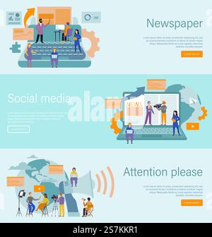 Journalistenkonzept. Massenmedien- und Copywriting-Beruf, Internet- und Radiojournalismus, Online-News-Blog-Landingpage, digitale Web-Banner-Vorlage für Zeitungen und tv, Vektorillustration. Journalistenkonzept. Massenmedien, Internet- und Radiojournalismus, Online-News-Blog-Landingpage, digitale Webvorlage für Zeitungen und tv, Vektor-Illustration Stock Vektor