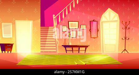 Haus Flur Eingang innen mit Treppen und Möbeln. Heller Apartmenthintergrund mit Tür, Spiegel, Kleiderbügel, Teppich, Blume in Vase auf Tisch beleuchtet mit Sonnenstrahlen. Zeichentrickvektor-Illustration... Haus Flur Eingang innen mit Möbeln. Stock Vektor