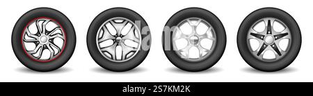 Kfz-Felgen mit Gummireifen und verchromten modernen Scheiben zum Radschutz. Vulkanisations-Service-Equipment-Konzept. 3D-Vektordarstellung. Kfz-Felgen mit Gummireifen und verchromten modernen Scheiben zum Radschutz Stock Vektor