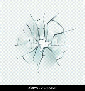 Glasbruch. Realistischer gerissener Effekt, Zerstörungsloch, beschädigte Windschutzscheibe oder Fenster, zersplitterter Spiegel, Vektor-Nahaufnahme-Illustration isoliert auf transparentem Hintergrund. Glasbruch. Realistischer gerissener Effekt, Zerstörungsloch, beschädigtes Fenster, zersplitterter Spiegel, Vektorillustration isoliert auf transparentem Hintergrund Stock Vektor