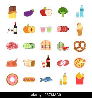 Flaches Essen. Hamburger und Brot, Pizza und Obst, Getränke. Gemüse, Alkohol und Fleisch, Wein und Wasser, Meeresfrüchte, zum Mitnehmen, ungesunde Ernährung Vektor Cartoon isoliert farbige Symbole Set. Flaches Essen. Hamburger und Brot, Pizza und Obst, Getränke. Gemüse, Alkohol und Fleisch, Wein und Wasser, Meeresfrüchte, Ikonen zum Mitnehmen Stock Vektor