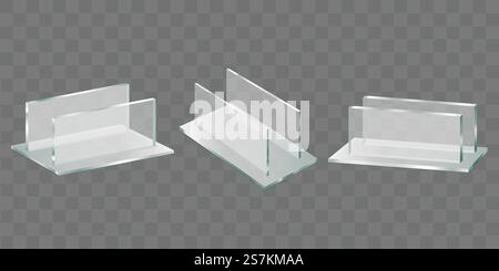 Tischsprecher aus Acrylglas, Kunststoffhalter für Werbebroschüren, Werbebanner und Flugblätter. Restaurant-Menü, Shop-Preis-Tag-Stand 3D realistische Vektorset isoliert auf transparentem Hintergrund. Menü, Preisschild Kunststoffhalter realistischer Vektor Stock Vektor
