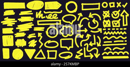 Markierungslinien auf schwarzem Hintergrund hervorheben. Kreuzen Sie Häkchen mit Häkchen und Kreuz im Kästchen. Kurvige und gestrichelte Linien und geometrische Formen. Vektordarstellung mit Pfeil in anderer Richtung. Markierungslinien auf schwarzem Hintergrund hervorheben. Kreuzen Sie Häkchen mit Häkchen und Kreuz. Linien, geometrische Formen Stock Vektor