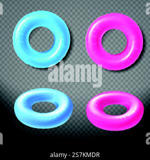 Blaue und rosafarbene aufblasbare Ringe oben, Vorderansicht 3D realistische Vektorsymbole isoliert auf transparentem Hintergrund. Wasserpark Schwimmbad Spielzeug Illustration. Design-Elemente des Freizeitkonzepts „Summer Beach“. Verschiedene Farben aufblasbare Schwimmringe 3D Vektor Stock Vektor