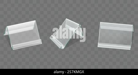 Acryltisch-Zelt-Displays Set, Glas- oder Plastikkartenhalter isoliert auf transparentem Hintergrund. Leere Plexi-Stände verspotten sich. Klare Plexiglas-Tag-Modell, Fotorahmen realistische 3D-Vektor-Illustration. Zeltständer aus Acryl, Kartenhalter aus Kunststoff Stock Vektor