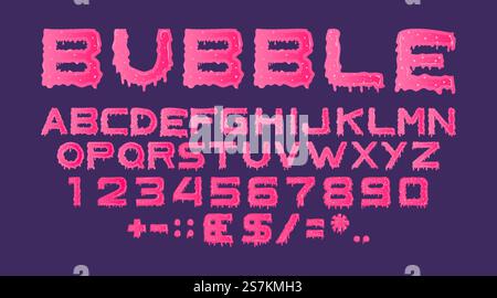 Rosafarbene, klebrige Tropfform aus süßem Gelee, Karamell oder Farbe. Hochglanz-Alphabet aus fließendem Schleim, isoliert auf violettem Hintergrund. Vektorsatz aus Buchstaben, Zahlen und Währungszeichen mit Dribbeln. Rosafarbene, klebrige Tropfform aus fließendem Schleim Stock Vektor