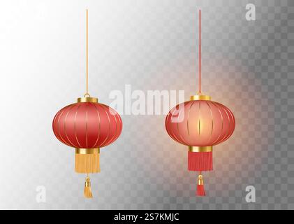 Festliche chinesische rote Lampions Set Vorlage. 3D-Symbol der chinesischen Kultur. Feiertagspapierlampen für Neujahrsfeier, Dekorationselement auf transparentem Hintergrund. Realistische Vektordarstellung. Festliche chinesische rote Lampions Set Vorlage. 3D-Symbol der chinesischen Kultur. Weihnachtspapierlampen Stock Vektor
