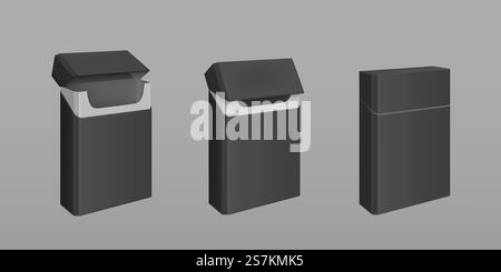 Leere offene und geschlossene schwarze Packung schlanker Zigaretten. Vektor-realistisches Modell der Papierverpackungsbox für Tabakprodukte isoliert auf grauem Hintergrund. Leere offene und geschlossene schwarze Zigarettenpackung Stock Vektor