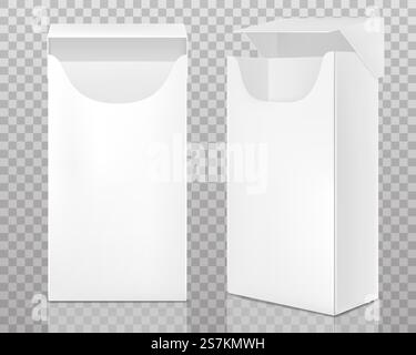 Leere offene Zigarettenpackung isoliert auf transparentem Hintergrund. Vektor-realistisches Modell der weißen Papierverpackungsbox für Tabakprodukte in der Front- und Seitenansicht. Leere offene Zigarettenpackung Stock Vektor