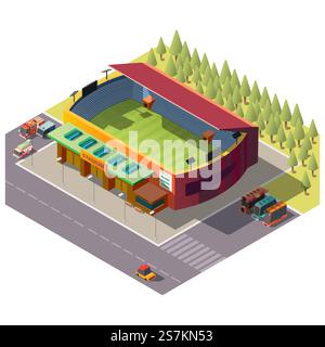 Fussballstadion offenes Dachgebäude mit Rettungsfahrzeugen und Ventilatorbussen auf Parken isometrischer Vektor isoliert auf weißem Hintergrund. Infrastrukturelement des städtischen Sports für den Kartographiedienst. Isometrischer Vektor des öffentlichen Stadiongebäudes der Stadt Stock Vektor