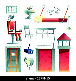 Gefängnisgebäude, Gefängniszelle, Innenraum des Todestraktes, Design-Element Cartoonvektor-Set isoliert auf weißem Hintergrund. Wand mit Stacheldraht, Aussichtsturm, Illustration elektrischer Stuhl. Gefängniszelle, Gefängnisbauelemente Vektorset Stock Vektor