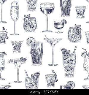 Nahtloses Cocktailmuster. Handgezeichnete alkoholische Getränke Cocktails mit verschiedenen Gläsern und Bechern Tapete Bar Menü Vintage Vektor Textur. Skizzieren Sie ein Getränk als Kirschcocktail, Champagner, Pina Colada. Nahtloses Cocktailmuster. Handgezeichnete alkoholische Getränke Cocktails mit verschiedenen Gläsern und Bechern Tapete Bar Menü Vintage Vektor Textur Stock Vektor