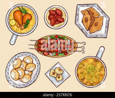 Orientalische, östliche Küche, exotische Küche, arabische Süßigkeiten und Fleischgerichte isoliert, Comic Vektor Set. Umm ali, Basbousa, Kahk, Baklava, Biryani, Abbildung: Kebab auf Tellern. Orientalische Küche Gerichte Cartoon Vektor Set Stock Vektor