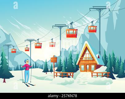 Winterurlaub, aktive Wochenendfreizeit im Bergresort Cartoon-Vektor-Konzept mit glücklich lächelnden weiblichen Touristen, Frau Skifahren in schneebedeckten Pisten mit Seilbahn und kleine Hotel- oder Chalet-Illustration. Winterurlaub in schneebedeckten Bergen Karikaturvektor Stock Vektor
