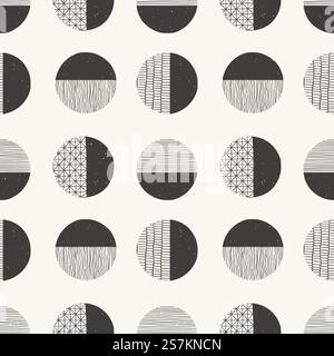 Vektor monochrome nahtlose Hand gezeichnetes Muster mit Tinte, Bleistift, Pinsel. Geometrische Kritzelformen von Flecken, Punkten, Strichen, Streifen, Linien. Vorlage für soziale Medien, Poster, Drucke. Stock Vektor