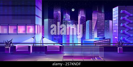 Hotel- oder Restaurant-Lounge-Zone oder Terrasse, Aussichtstresen mit wunderschönem Blick auf die Nachtstadt Innenstadt Cartoon Vektor Hintergrund. Unten, bequeme Sessel auf Wolkenkratzdach Illustration. Beobachtungstafel auf dem Dachvektor des Stadtgebäudes Stock Vektor