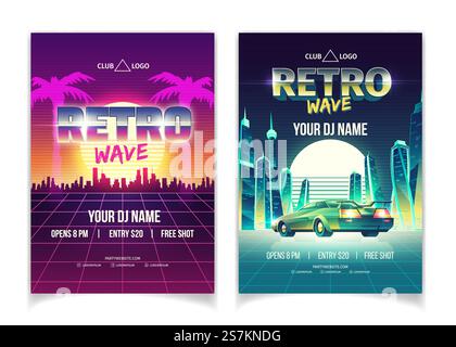 Retro-Wave-Musikparty, DJ-Auftritt in Nachtclub-Comic-Vektor-Werbebroschüre, Promo-Poster, Flyer-Seite. Sonnenuntergang über der Metropole, futuristischer Sportwagen auf der Neonfarbe der zukünftigen Stadtstraße. Retro Wave Music Performance Vektor-Flyer-Vorlage Stock Vektor