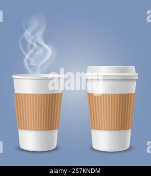 Realistischer Dampf in der Kaffeetasse. Papier- oder Kunststoff-3D-Branding-Eröffnungspaket für Dämpfen von Cappuccino und schwarzem Morgentee Vektor aromatischem Geruchskonzept. Realistischer Dampf in der Kaffeetasse. 3D-Branding-Paket aus Papier oder Kunststoff zum Aufschäumen von Cappuccino und schwarzem Morgentee Vektorkonzept Stock Vektor