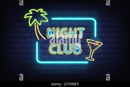Tropischer Resort Nachtclub, Cocktailbar oder Pub Vintage Stil, Retro Beleuchtung Schild leuchtet in der Dunkelheit mit hellen, blauen Neonlichtern auf Backsteinwand Hintergrund realistische Vektorillustration. Nachtclub Retro Neon Schild realistischer Vektor Stock Vektor