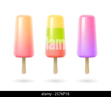Fruchteis, buntes Eis auf Holzstock. Realistischer Satz gefrorenen Safts, isoliert auf weißem Hintergrund. Sommerdessert mit Erdbeeren-, Kiwi-, Wassermelonen- und Zitronenaromen. 3D-Vektordarstellung. Fruchteis, buntes Eis auf Holzstock. Realistischer gefrorener Saft auf weißem Hintergrund Stock Vektor