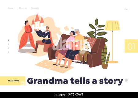 Grandma erzählt Geschichte Konzept der Landingpage mit Großmutter, die einem kleinen Jungen und Mädchen ein Buch vorliest. Oma verbringt Zeit mit Enkeln. Zeichentrickgrafik-Vektor-Illustration. Grandma erzählt Geschichte Konzept der Landingpage mit Großmutter, die einem kleinen Jungen und Mädchen ein Buch vorliest Stock Vektor