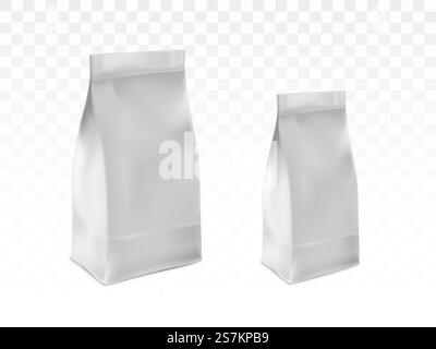 Schablonensatz aus versiegeltem Kunststoff, Papierbeutel. Leeres weiß, Folienpaket für Tee, Kaffee oder Mehl 3D realistische Vektorillustration isoliert auf transparentem Hintergrund. Tierfutter, Waschmittelverpackungen, Modell. Leere weiße, versiegelte Kunststoffbeutel realistischer Vektor Stock Vektor