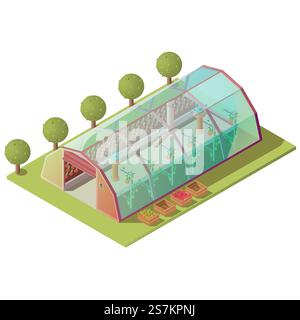 Isometrisches Gewächshaus, Bauernhaus für den Anbau von Pflanzen und Gemüse mit Glasfenstern und automatischer Hubtür isoliert auf weißem Hintergrund. Gewächshausausaussen 3D-Vektor-Illustration, Clip-Art. Isometrisches Gewächshaus, isoliertes Symbol des Bauerngebäudes Stock Vektor