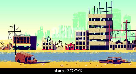 Zerstörung im Kriegsgebiet, Naturkatastrophen oder Katastrophenfolgen, postapokalyptisches World Cartoon Vector Konzept. Stadtruinen mit zerstörten, verlassenen Gebäuden, verbrannten Autos auf Straßen Illustration. Stadt im Kriegsgebiet Cartoon Vektor Hintergrund Stock Vektor