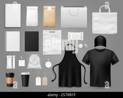 Verspotten Sie sich für ein Café. Realistisches Papiermenü für Restaurantmarke, Tasse und Branding Kleidung Vektor Corporate Style Branded Food Corporate Verpackungsvorlage Set. Verspotten Sie sich für ein Café. Realistisches Papiermenü, das für Restaurantmarken, Becher und Branding-Kleidung Vektor-Vorlagen-Set im Corporate Style gestaltet wurde Stock Vektor